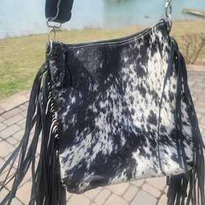 Handcrafted Western Calf Hair On Hide Leather XL Fringe Bag Adjustable Strap